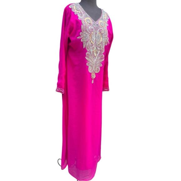 Pink Zari Embroidered Belted Beaded Glam Kaftan Maxi Dress NWT XL Romantic - Picture 3 of 6